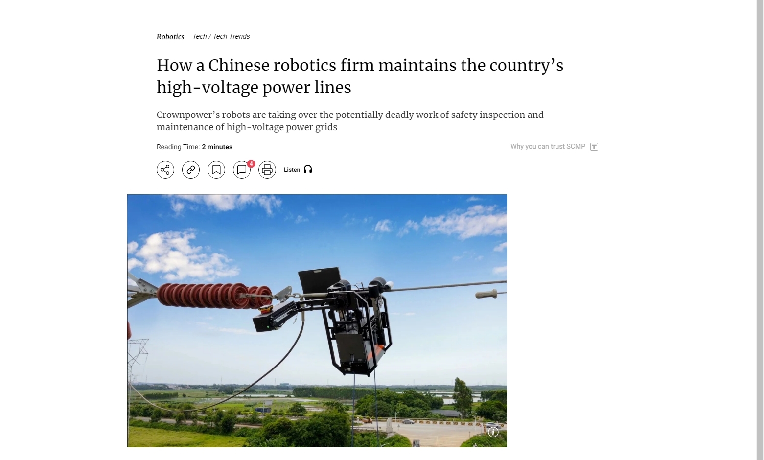 冠能科技帶電作業(yè)機(jī)器人登報(bào)香港主流紙媒“南華早報(bào)”